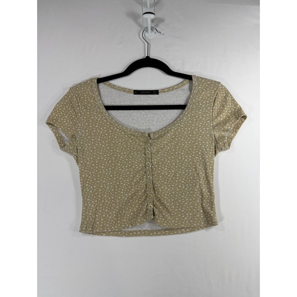 Hesperus Floral Crop Top Women Size S Tan Button Front Ribbed Short Sleeve Exc